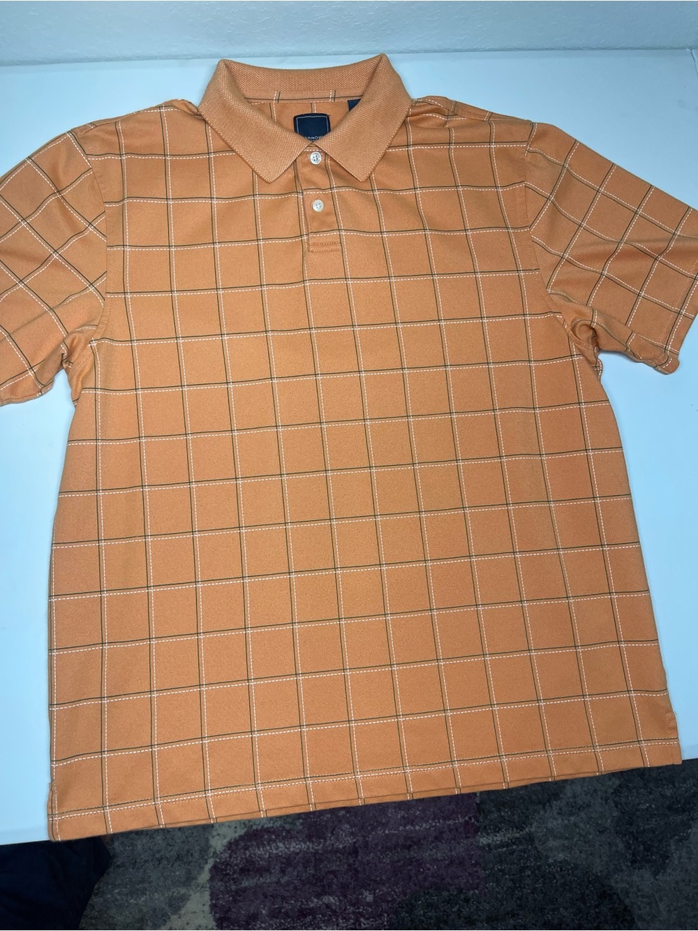 Arrow Mens Medium Polo Shirt Orange Grid Windowpane Plaid Short Sleeve Casual